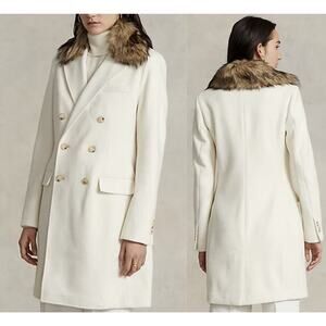 Ralph Lauren Fur Collar Double Breasted Parka Peacoat Long Overcoat 4 S White